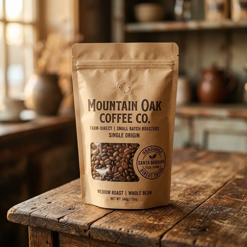 Brown kraft coffee packaging bag with Mountain Oak Coffee Co. branding on rustic wooden table in warm kitchen setting
