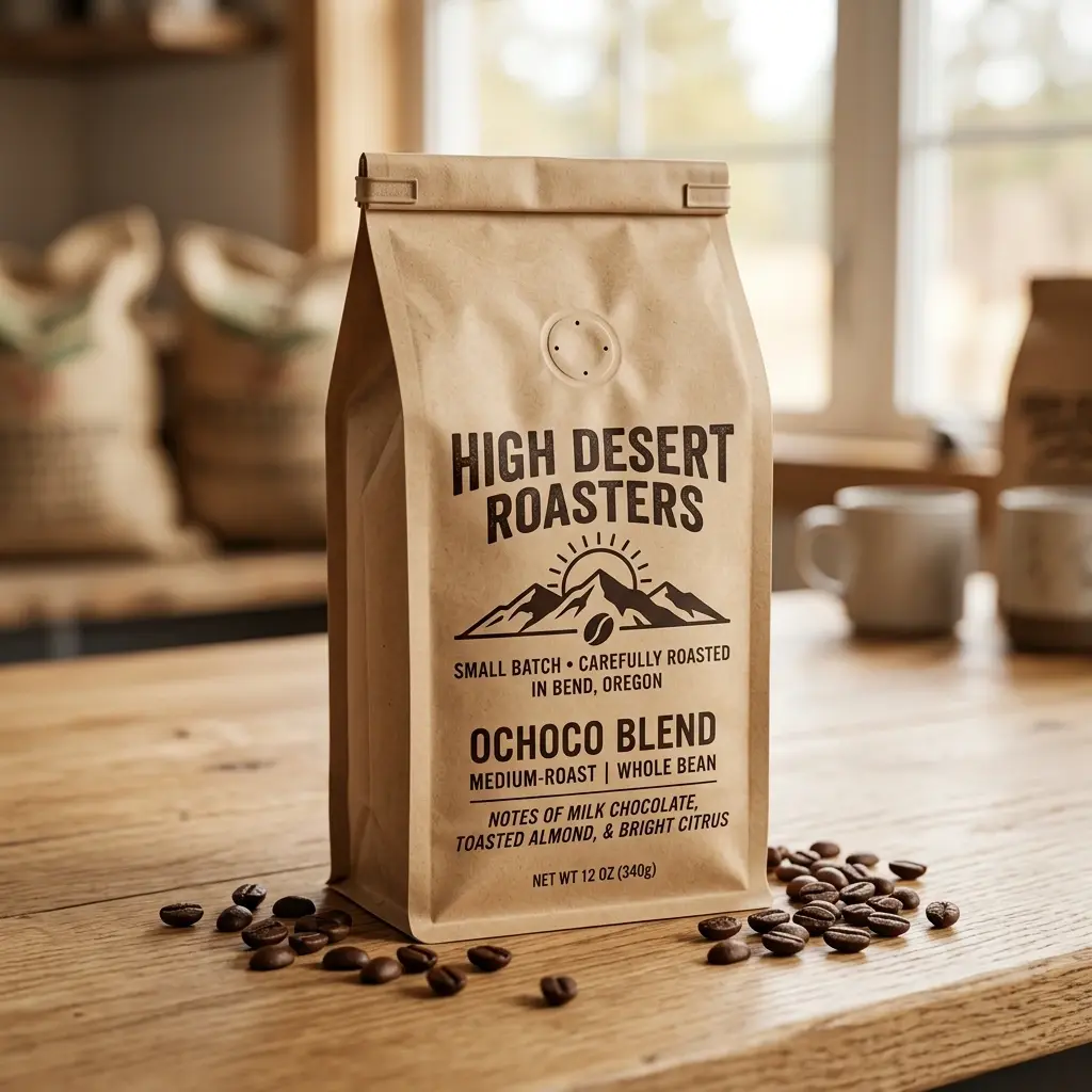 High Desert Roasters coffee bag packaging on wooden counter with scattered coffee beans in warm kitchen setting