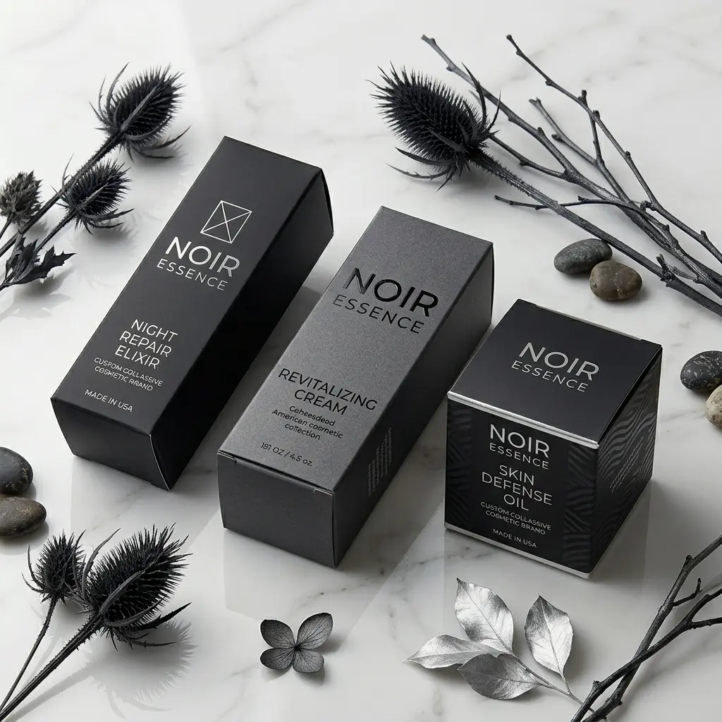 Premium black cosmetic packaging boxes for NOIR ESSENCE skincare products arranged on marble with dried botanical elements