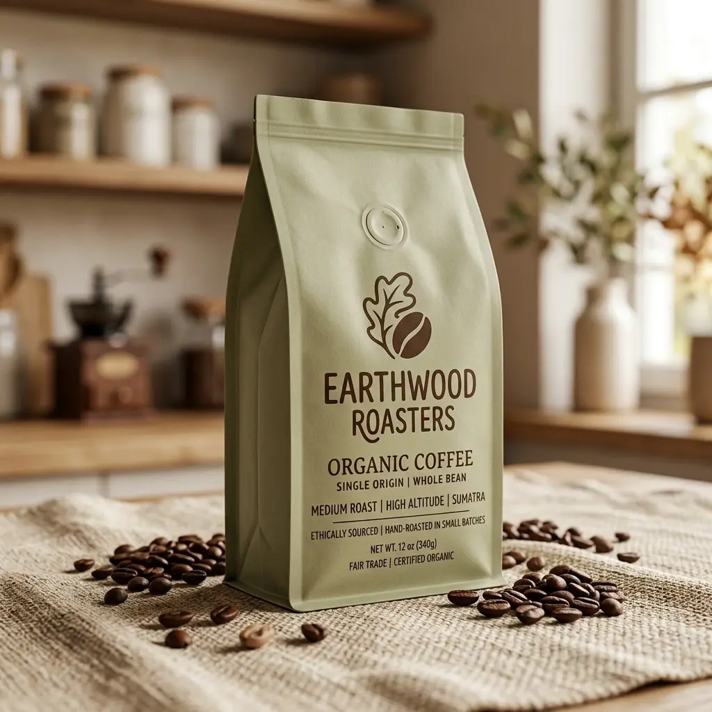 Sage green coffee packaging bag for Earthwood Roasters organic Sumatra beans on burlap with scattered coffee beans in warm kitchen