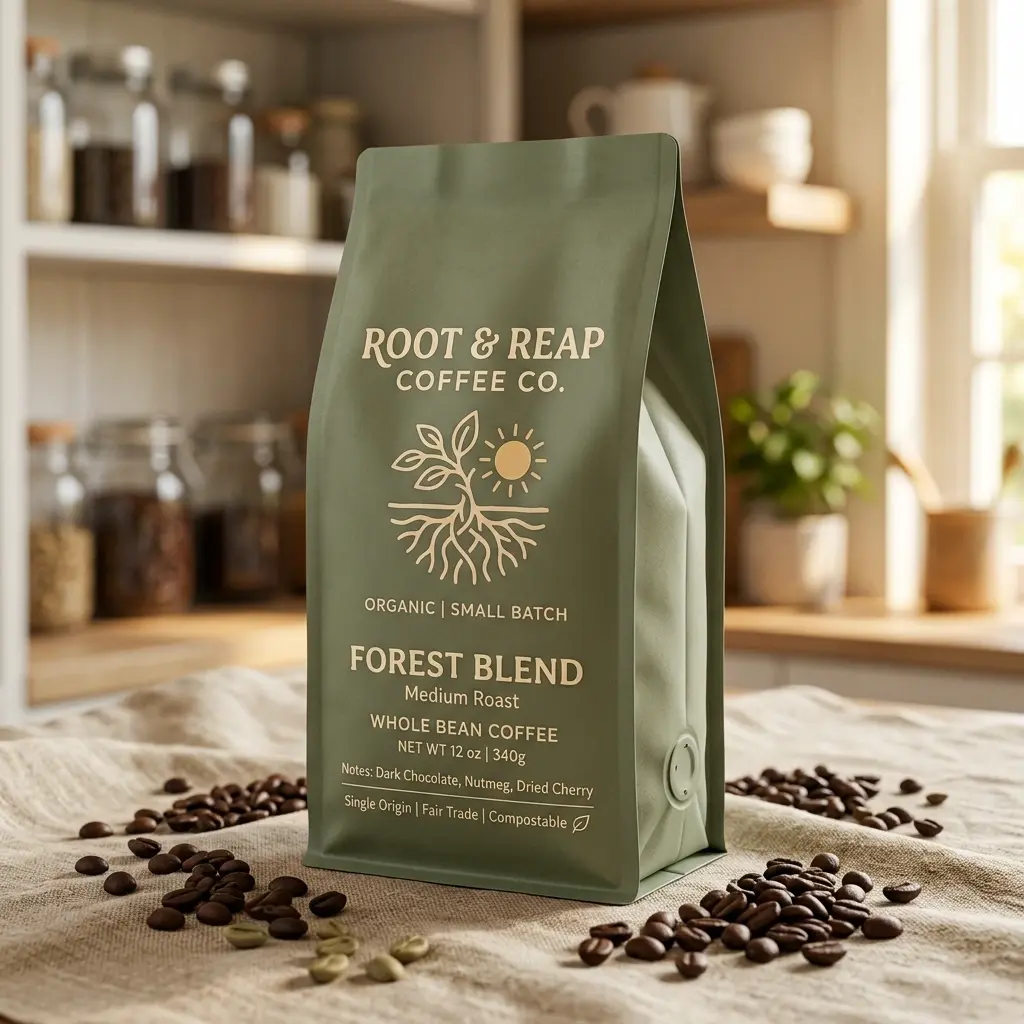 Green coffee packaging bag for Root & Reap Coffee Co Forest Blend medium roast with scattered coffee beans on kitchen counter