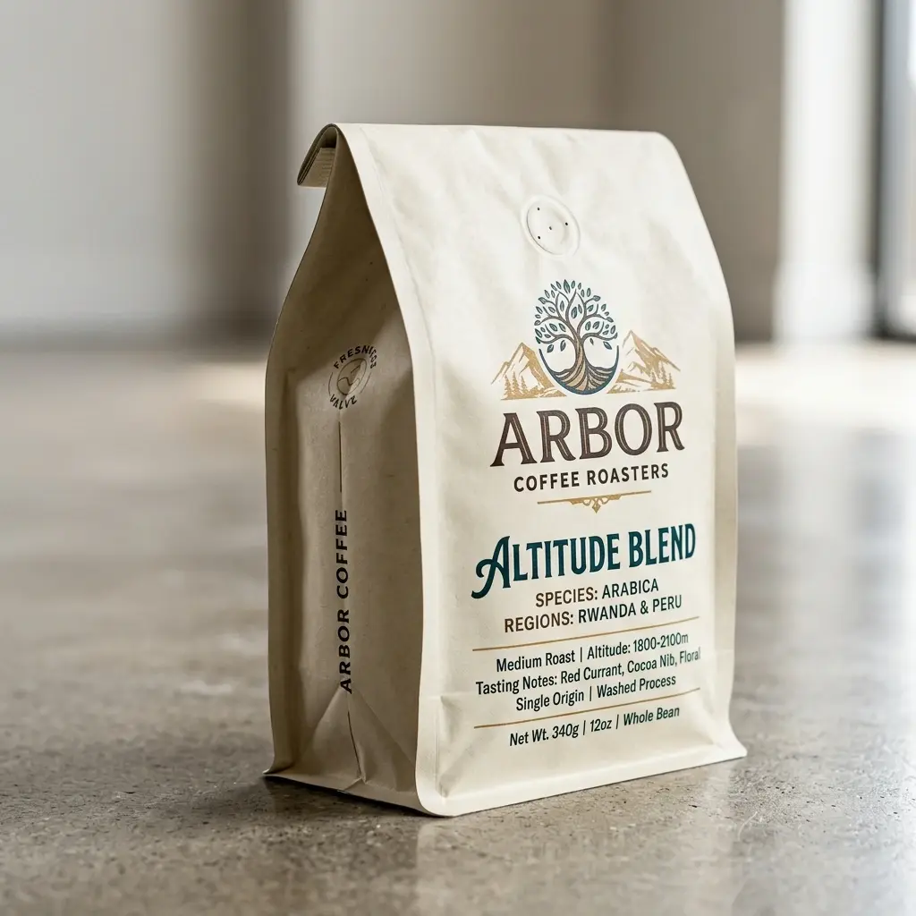 Arbor Coffee Roasters Altitude Blend coffee bag with tree logo on marble counter, premium coffee packaging design