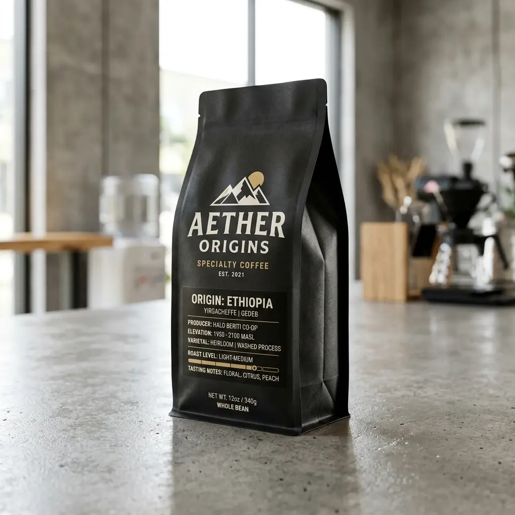 Black coffee packaging bag with Aether Origins branding on modern kitchen counter showcasing specialty coffee product design