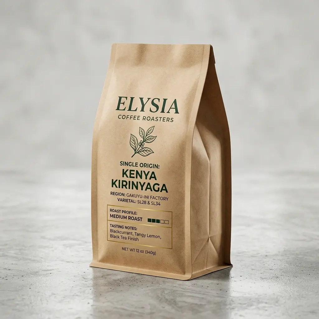 Premium kraft paper coffee bag packaging for Elysia Coffee Roasters Kenya Kirinyaga medium roast on concrete surface