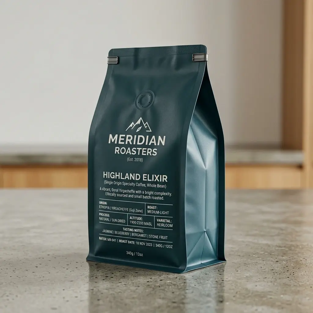Dark green coffee packaging bag for Meridian Roasters Highland Elixir sitting on speckled countertop in modern kitchen setting