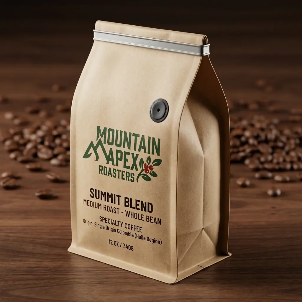 Brown kraft coffee packaging bag labeled Mountain Apex Roasters Summit Blend medium roast whole bean on wooden surface with scattered coffee beans