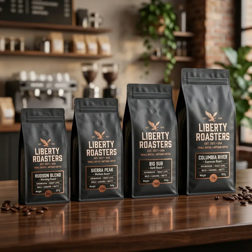 Four black Liberty Roasters coffee bags in ascending sizes displaying Hudson Blend, Sierra Peak, Big Sur, and Columbia River varieties on wooden co...