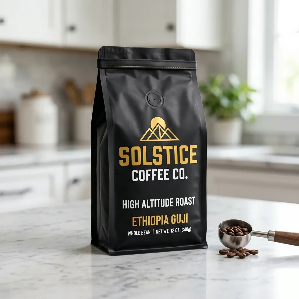 Black coffee packaging bag for Solstice Coffee Co Ethiopia Guji whole bean on white marble kitchen counter with coffee scoop