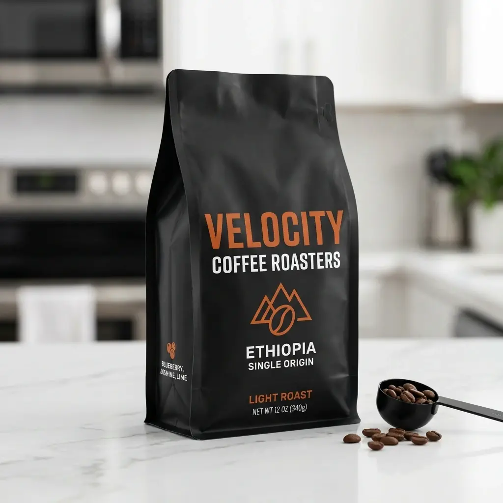 Black coffee packaging bag for Velocity Coffee Roasters Ethiopia single origin light roast on white kitchen counter with coffee beans and measuring...