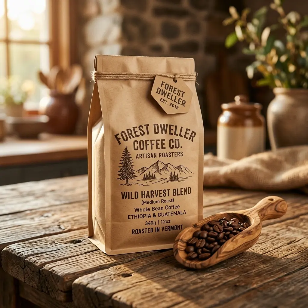 Kraft paper coffee bag with Forest Dweller Coffee Co. branding sits on rustic wooden table beside coffee bean scoop in warm kitchen setting