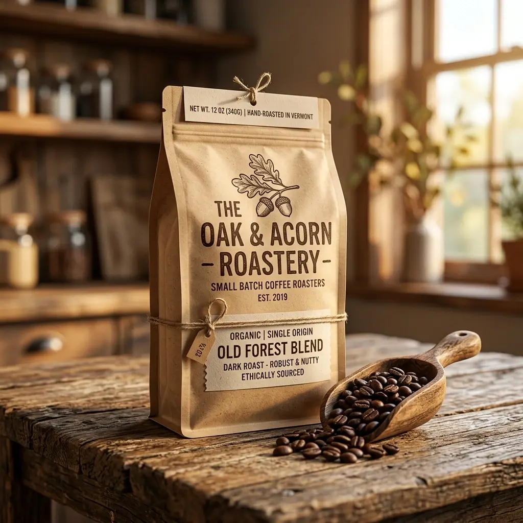 Kraft paper coffee bag packaging design with wooden scoop and coffee beans on rustic table in warm kitchen setting