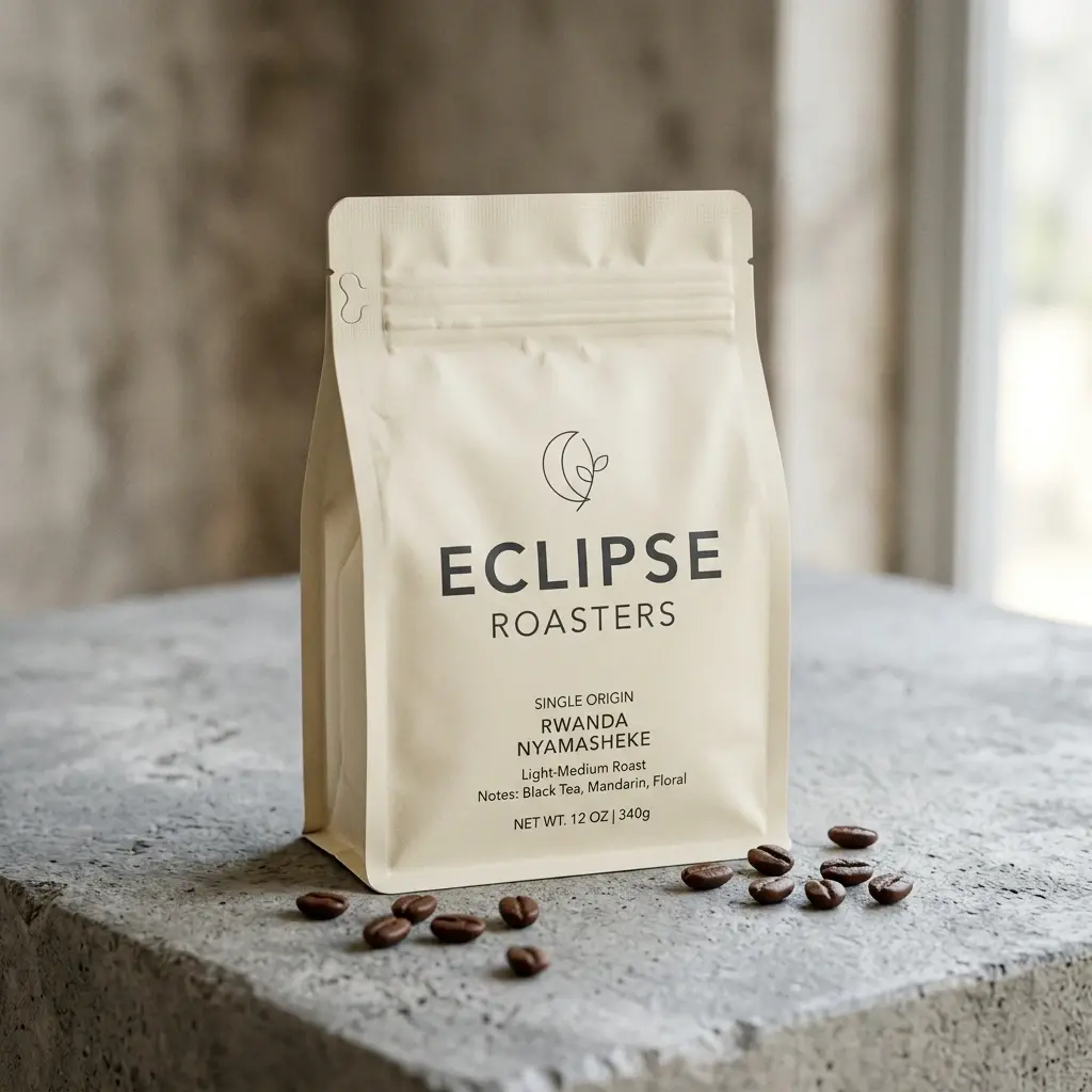 Eclipse Roasters Rwanda Nyamasheke coffee bag on concrete surface with scattered coffee beans, cream packaging design