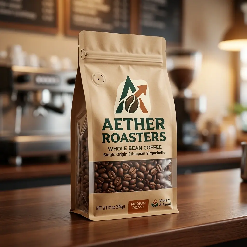 Premium coffee packaging bag for Aether Roasters Ethiopian Yirgacheffe whole bean coffee on wooden table in modern cafe setting