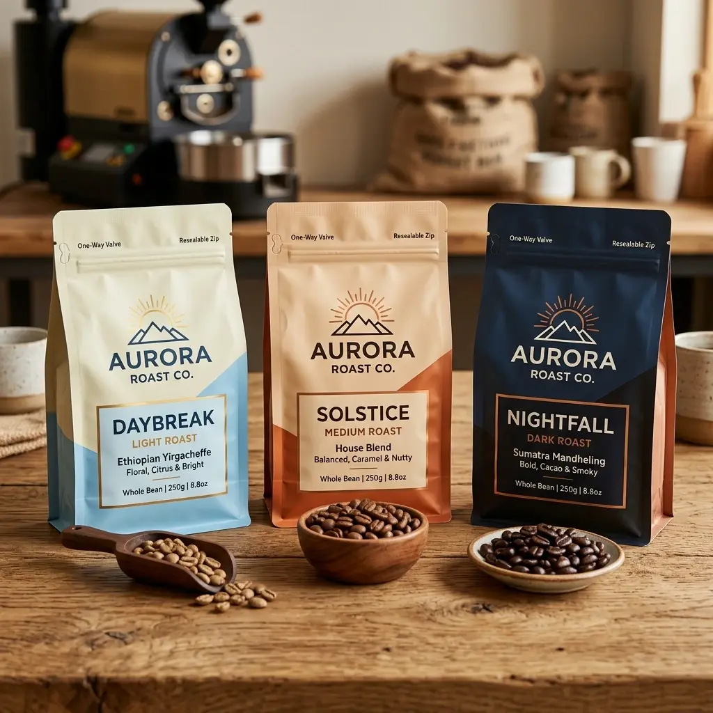 Three Aurora Roast Co. coffee packages in white, brown, and navy on wooden surface with coffee beans and roasting equipment background