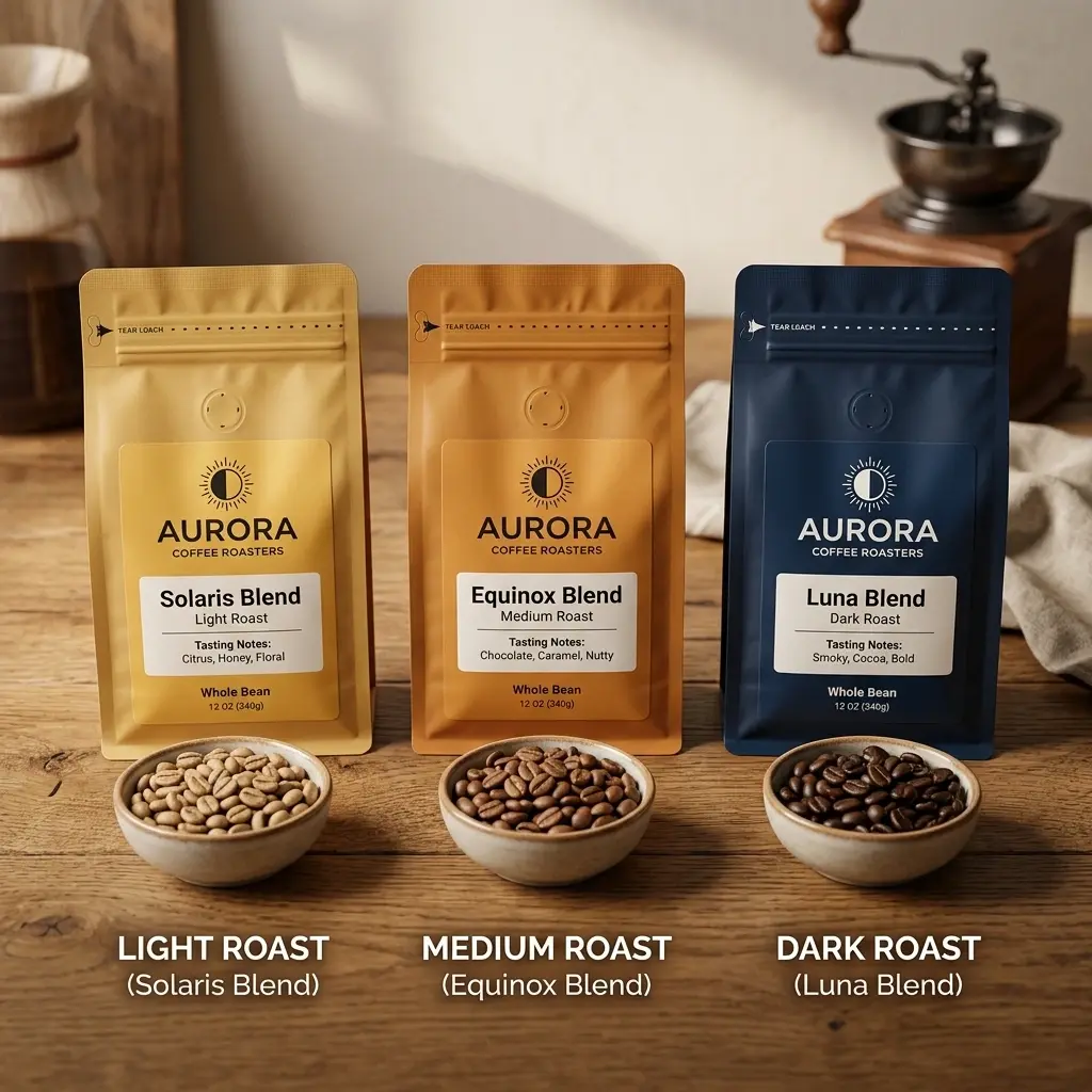 Aurora Coffee Roasters packaging display showing three coffee blends - light roast Solaris, medium roast Equinox, and dark roast Luna with coffee b...