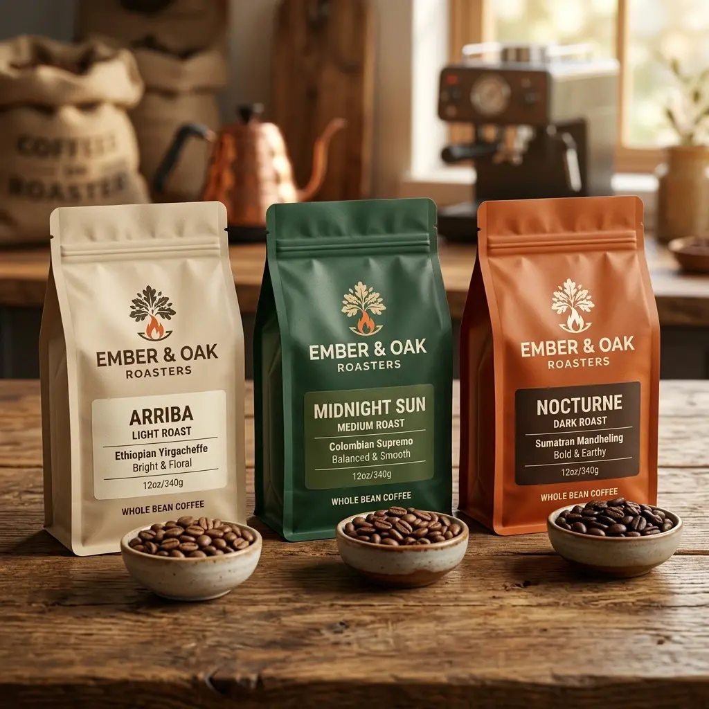 Three Ember & Oak coffee packages in cream, green, and orange with coffee beans in wooden bowls on rustic table