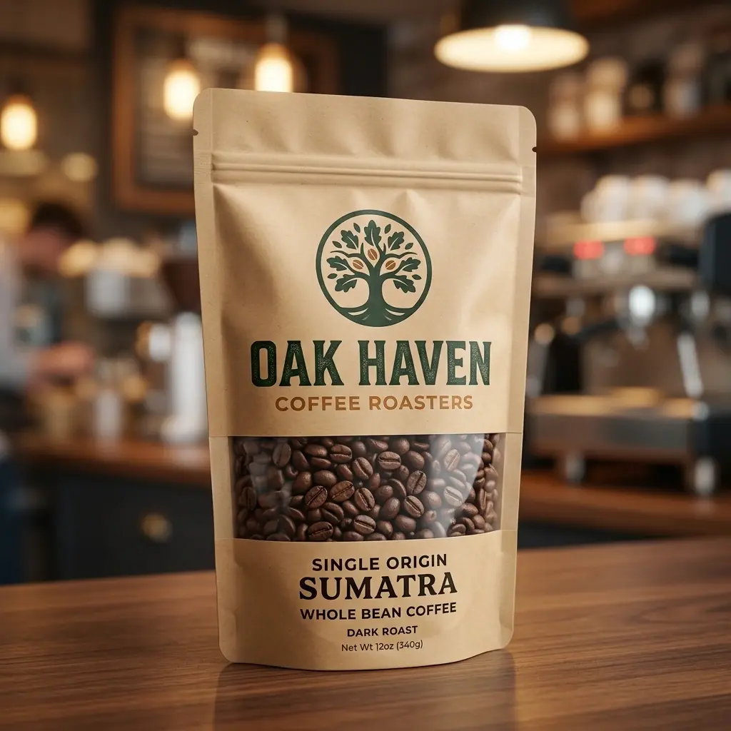 Oak Haven Coffee Roasters Sumatra single origin whole bean coffee package on wooden table in cozy cafe setting