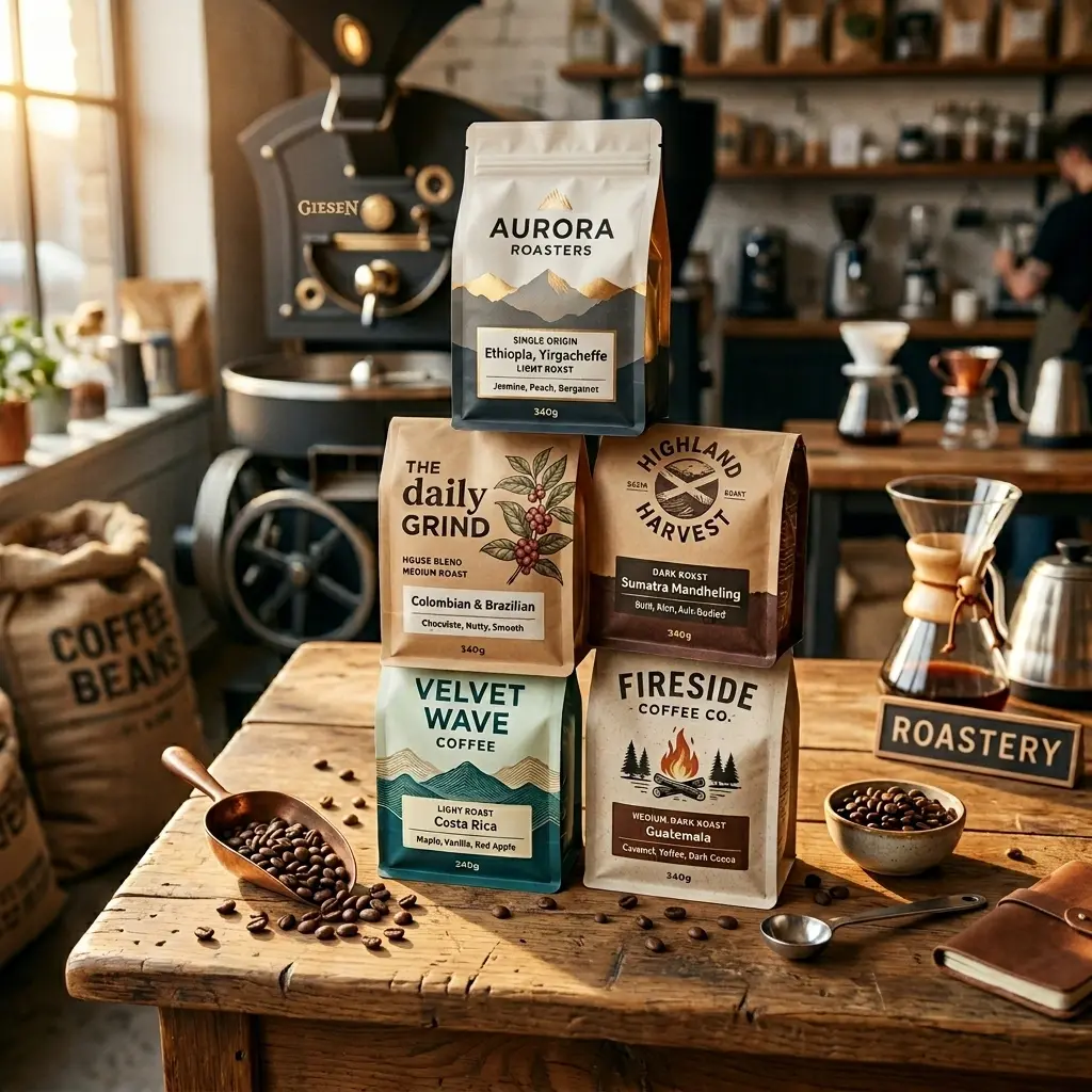 Five artisan coffee packaging bags stacked on rustic wooden table with scattered beans, coffee roaster and brewing equipment in warm cafe background