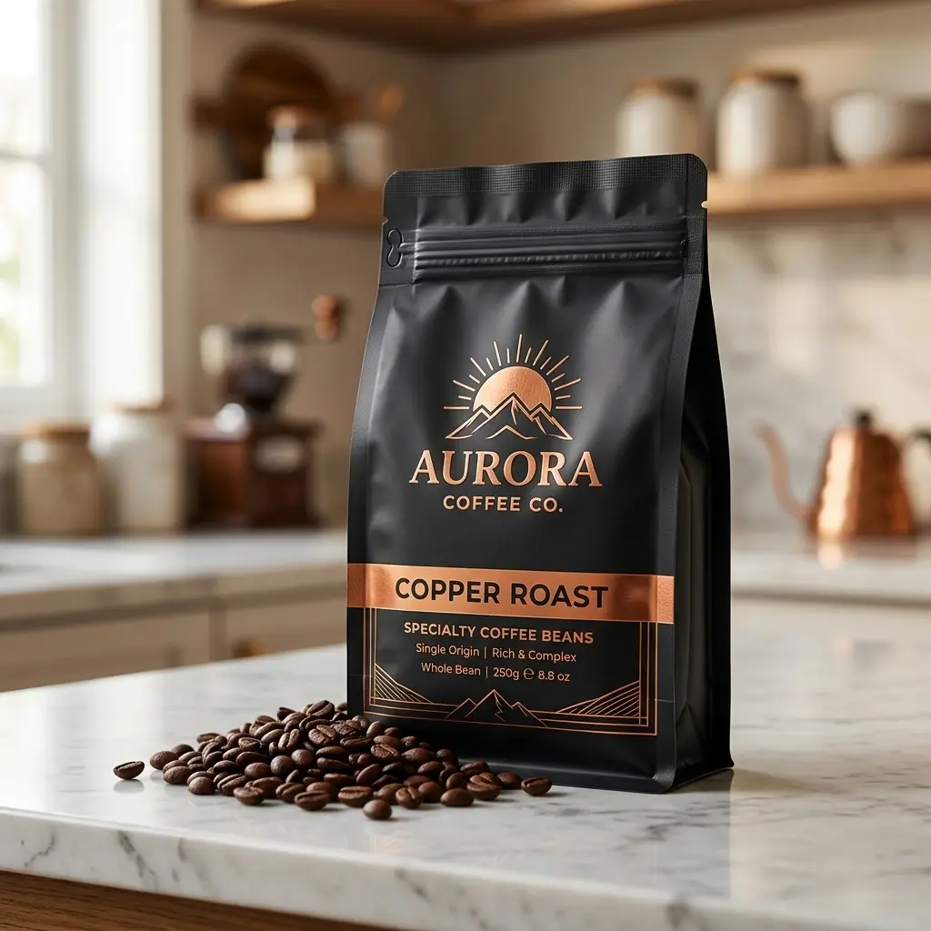 Aurora Coffee Co. Copper Roast specialty coffee beans package on marble counter in modern kitchen with copper accents