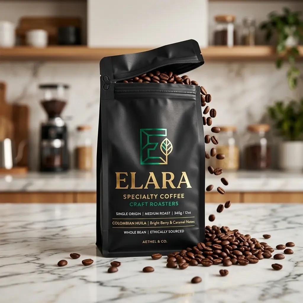 ELARA specialty coffee bag with spilling coffee beans on marble kitchen counter, premium black packaging design with green logo