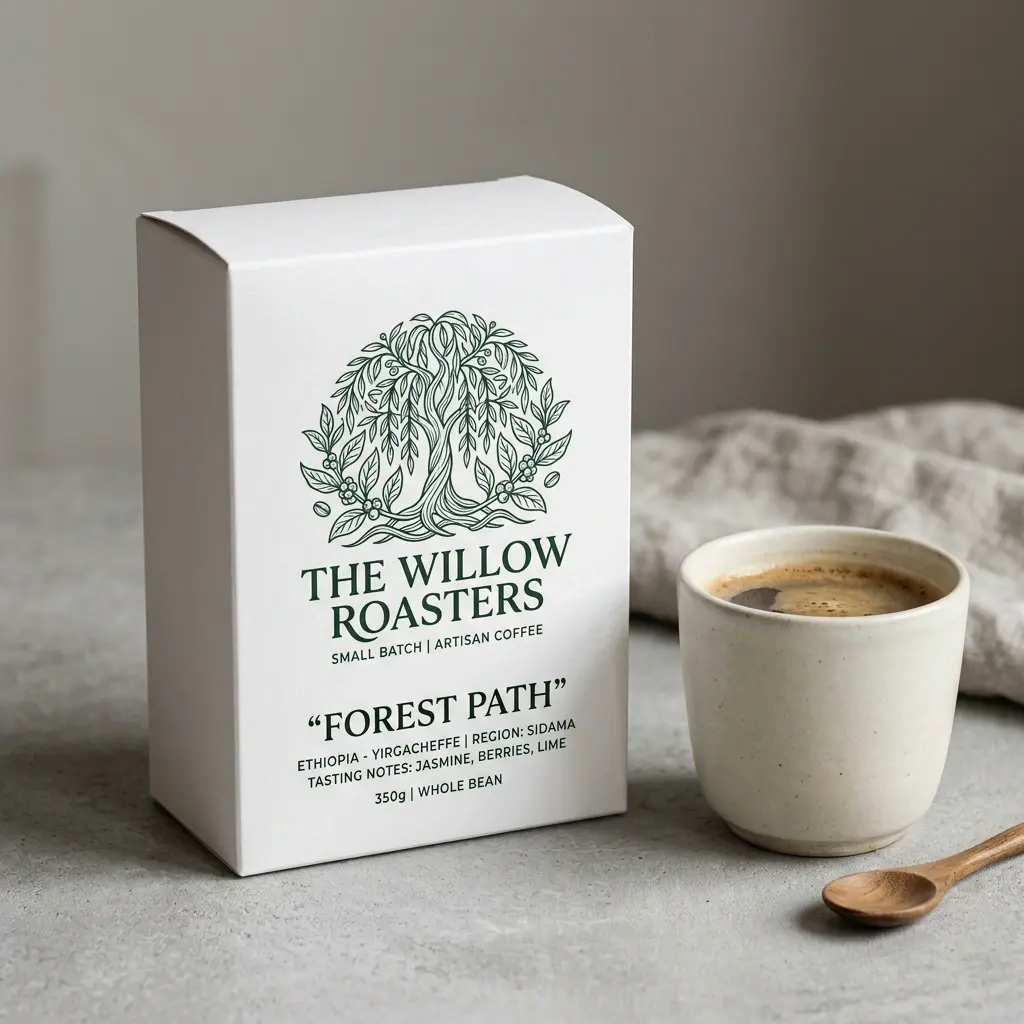 White coffee packaging box with willow tree logo next to ceramic cup and wooden spoon on marble surface - artisan coffee branding design