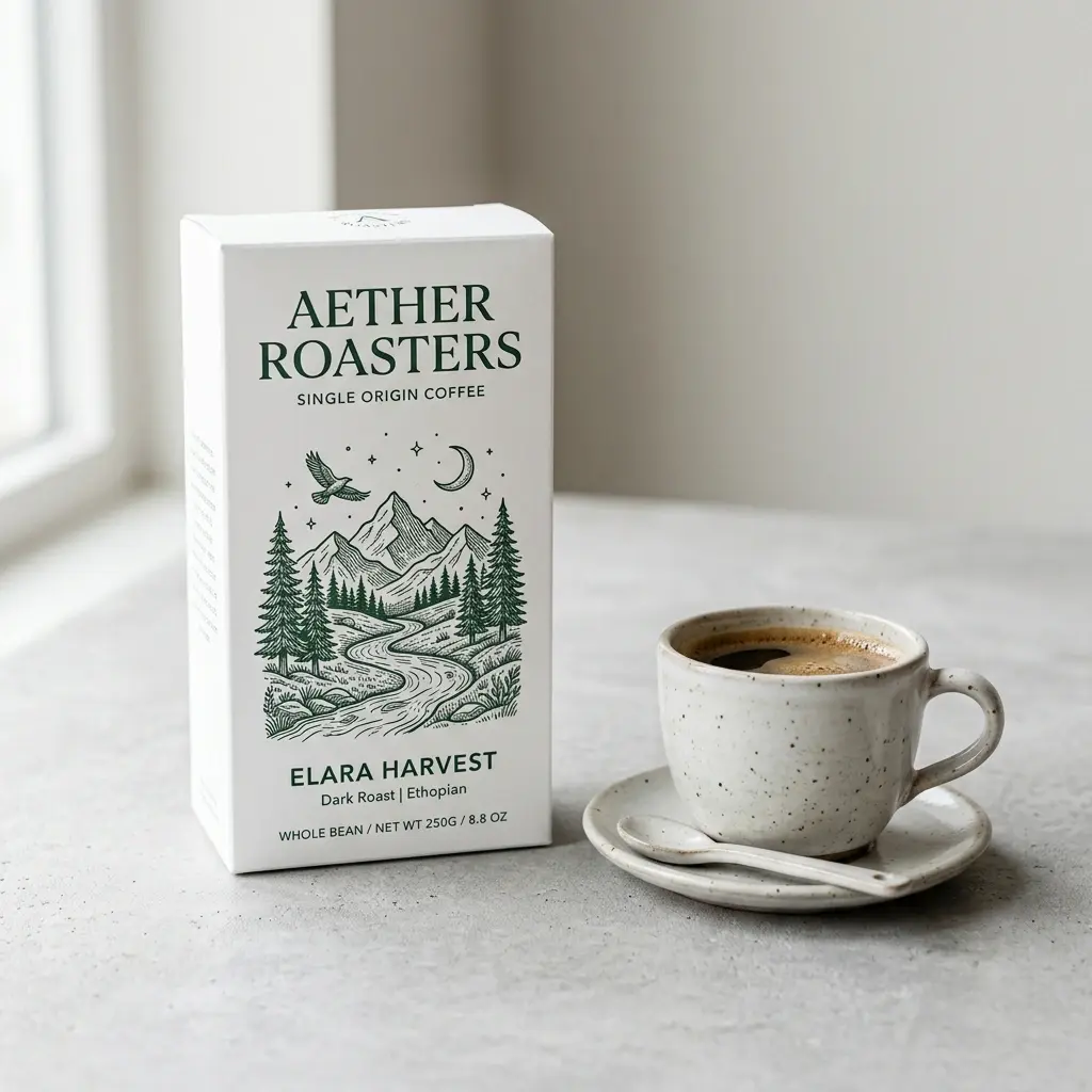 Aether Roasters Elara Harvest Ethiopian coffee box with speckled ceramic cup on white marble surface by window
