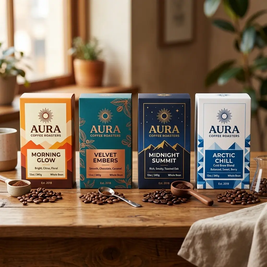 Four colorful AURA coffee packaging boxes displayed on wooden surface with scattered coffee beans and wooden spoon in warm natural lighting