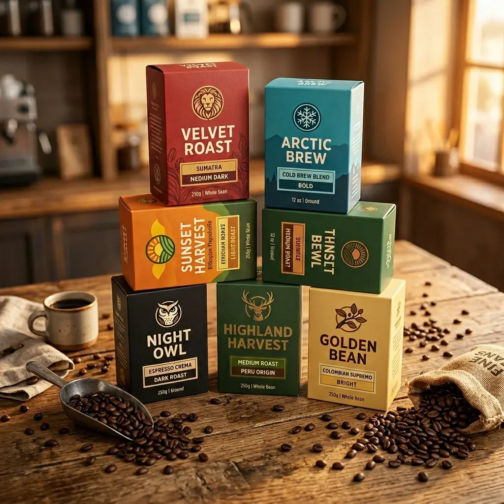Premium coffee packaging boxes stacked on rustic wooden table with scattered coffee beans, warm kitchen lighting, showcasing custom product design