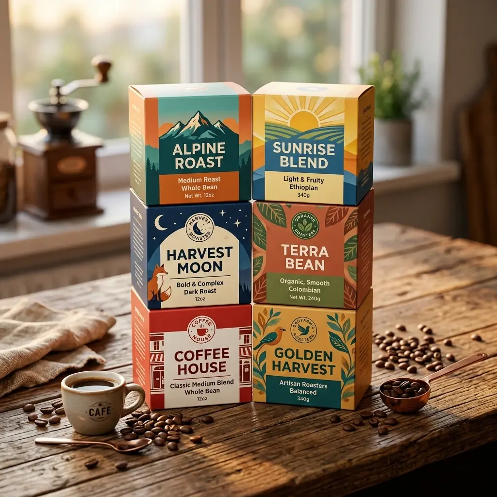 Six colorful coffee packaging boxes displayed on rustic wooden table with coffee beans, cup, and grinder in warm sunlit kitchen setting