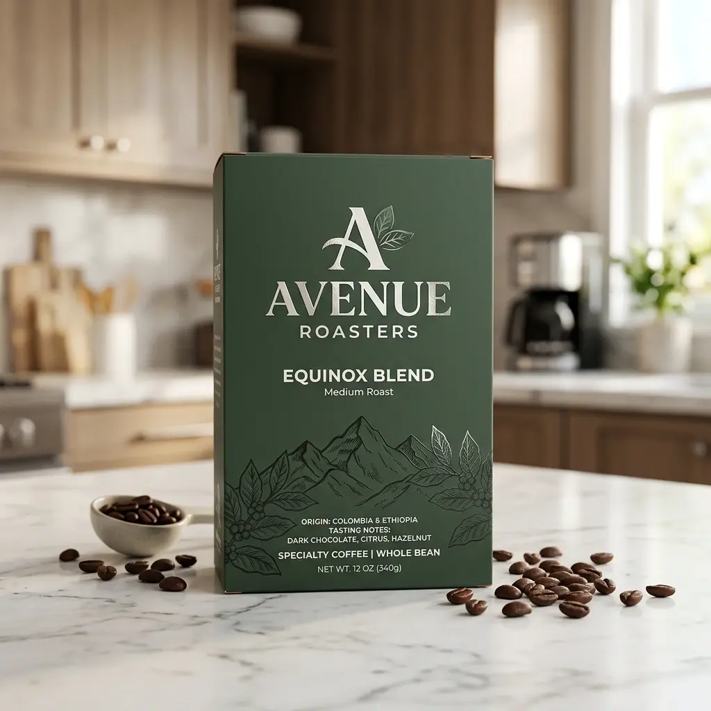 Avenue Roasters Equinox Blend coffee package in green with mountain design on marble counter with scattered coffee beans in bright kitchen