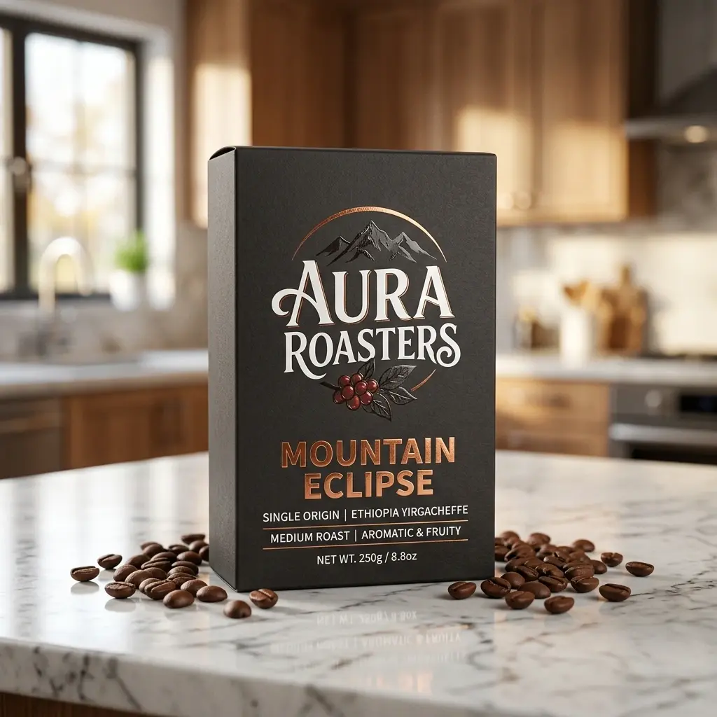 Aura Roasters Mountain Eclipse coffee packaging box on marble counter with scattered coffee beans in modern kitchen setting
