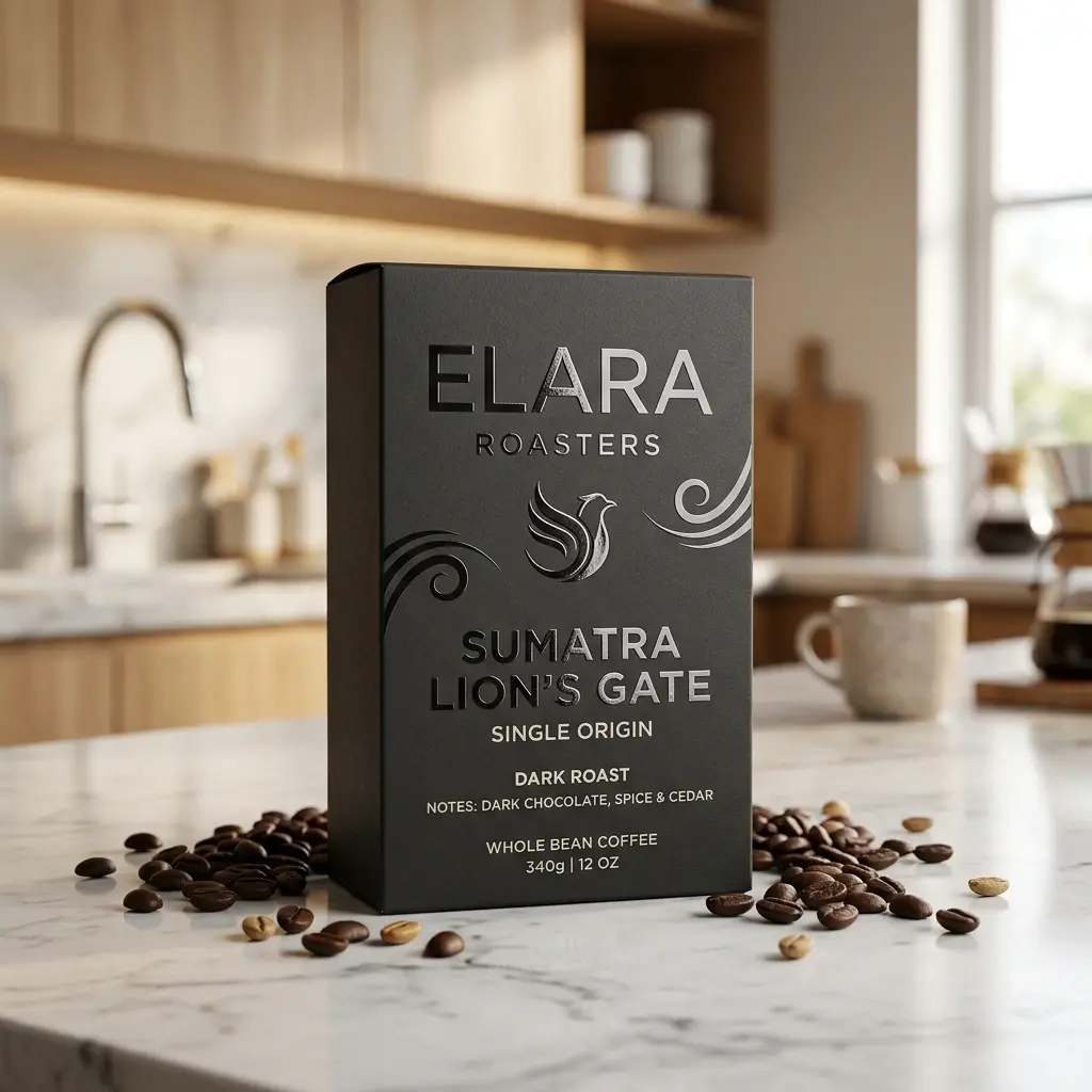 Premium black coffee packaging box for Elara Roasters Sumatra Lion's Gate dark roast on white marble kitchen counter with scattered coffee beans