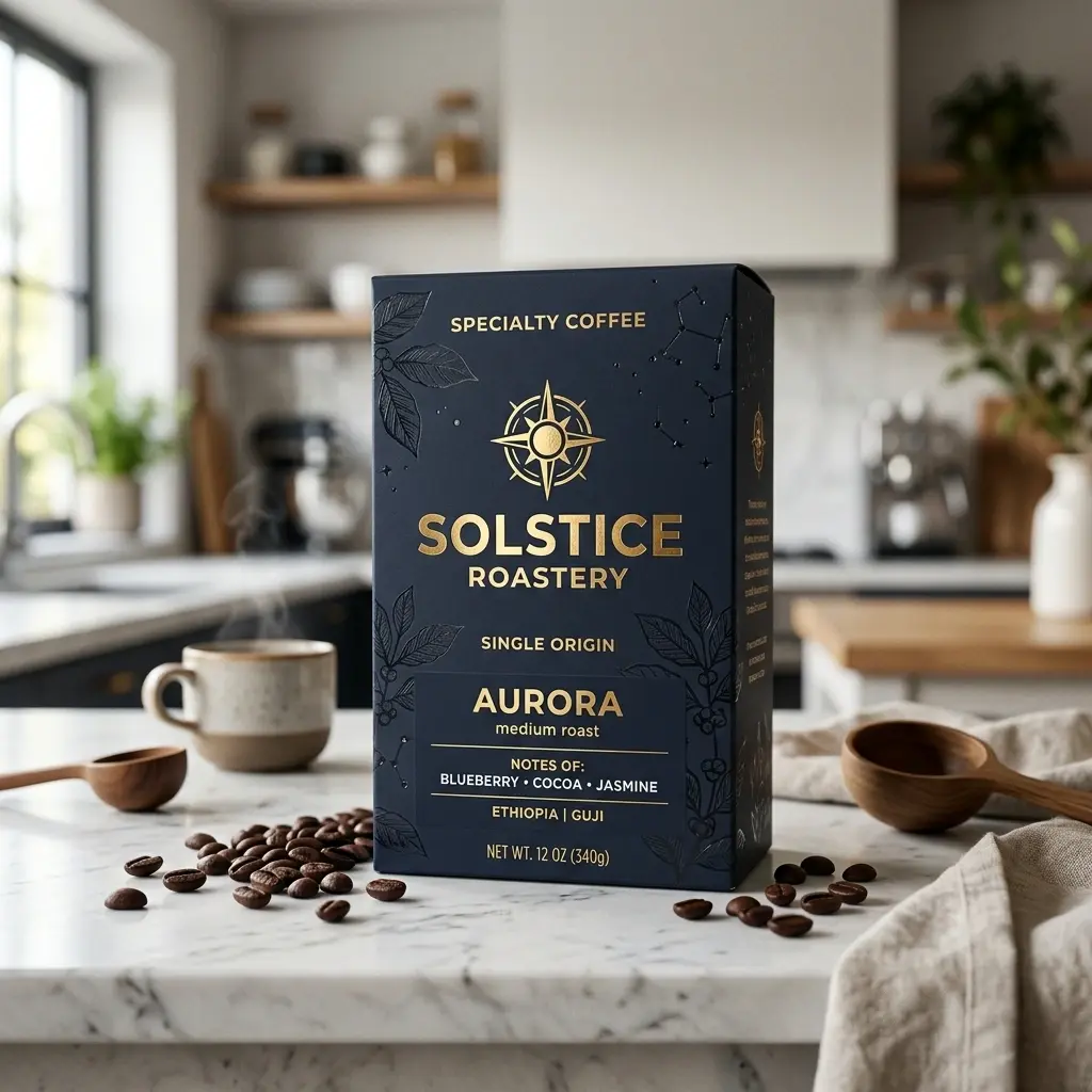 Dark blue Solstice Roastery Aurora coffee packaging box on marble counter with scattered beans in modern kitchen interior