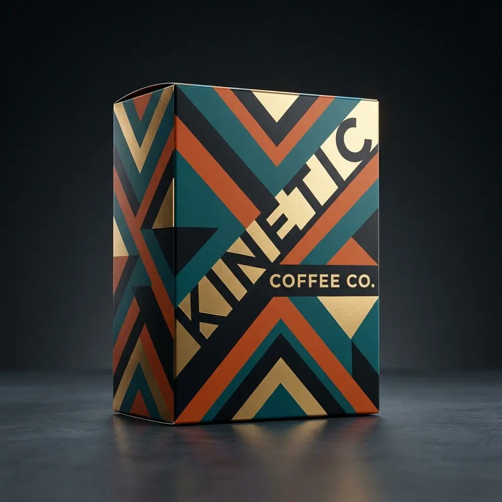 Modern geometric coffee packaging design with colorful triangular patterns in teal, orange, and cream on dark background