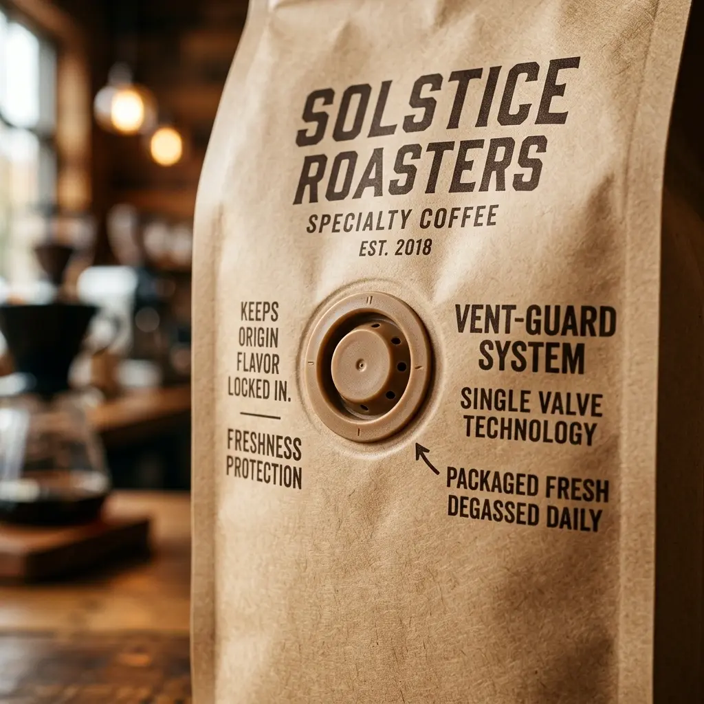 Solstice Roasters specialty coffee packaging bag featuring vent-guard valve system and fresh roasted branding in warm cafe setting