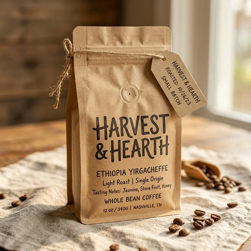 Brown kraft coffee packaging bag with Harvest & Hearth Ethiopia Yirgacheffe label, wooden tag, twine tie, scattered coffee beans on linen surface