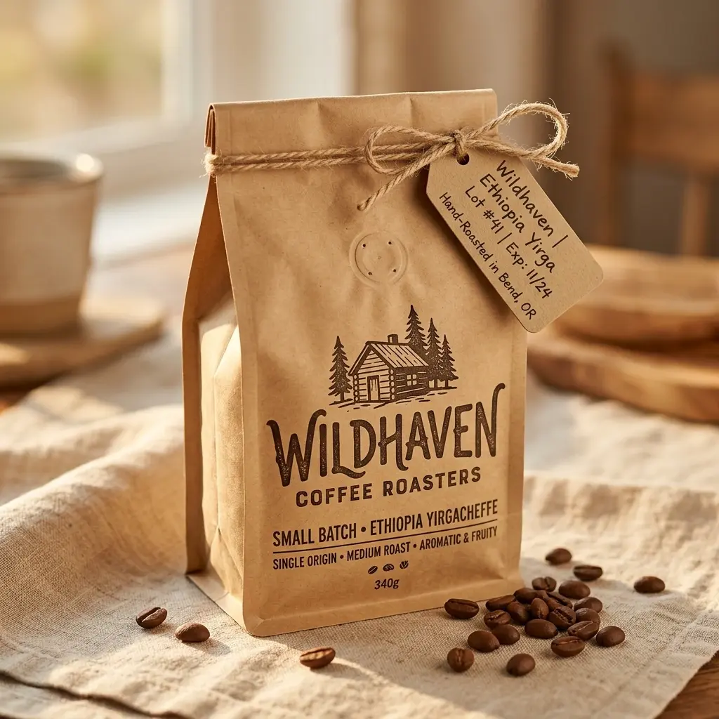 Rustic brown paper coffee bag with Wildhaven Coffee Roasters branding, twine tie, and scattered coffee beans on burlap surface