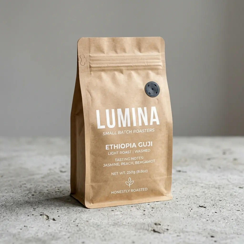 Lumina Small Batch Roasters Ethiopia Guji coffee packaging in kraft brown pouch with valve on textured concrete surface