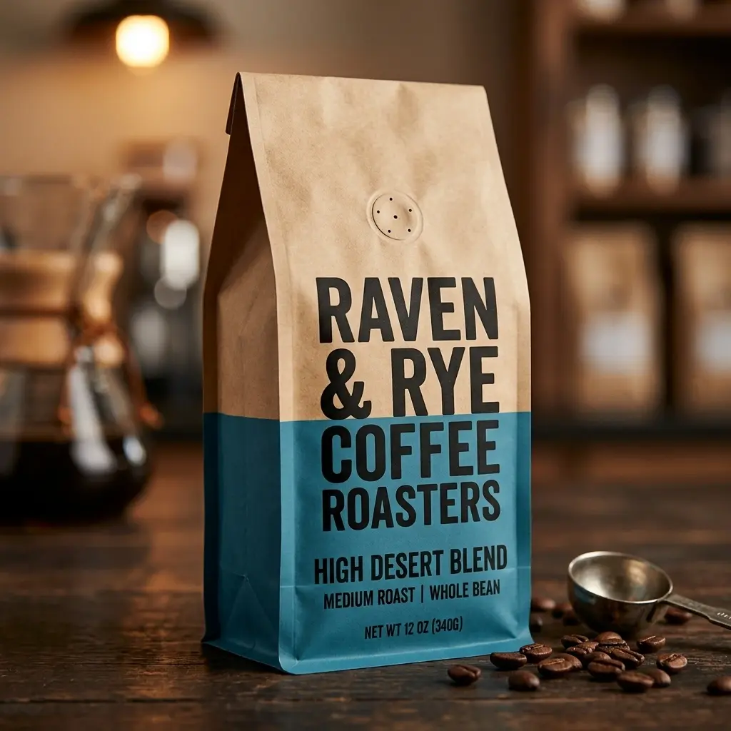 Kraft paper coffee bag with blue bottom panel displaying Raven & Rye Coffee Roasters branding, scattered coffee beans on wooden table