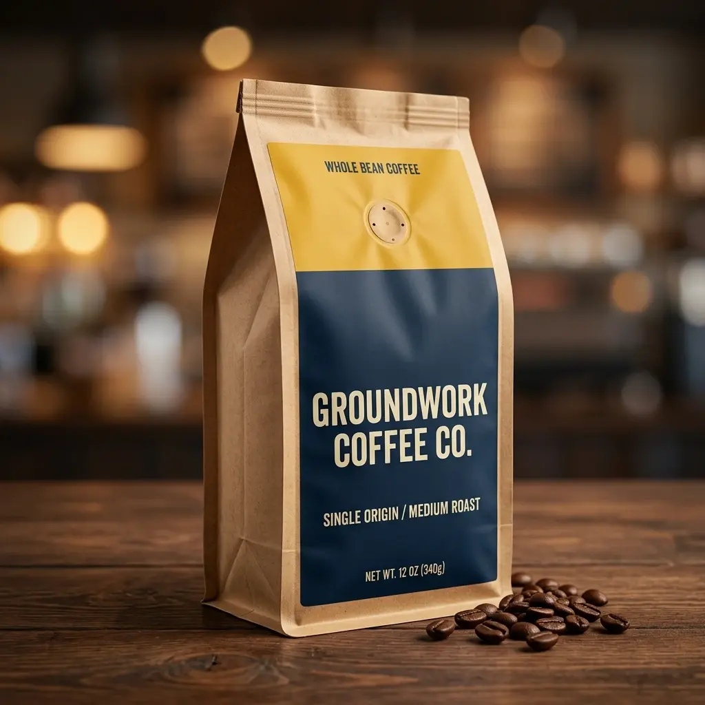 Premium kraft paper coffee bag with yellow and blue label displaying Groundwork Coffee Co. whole bean medium roast on wooden surface with scattered...