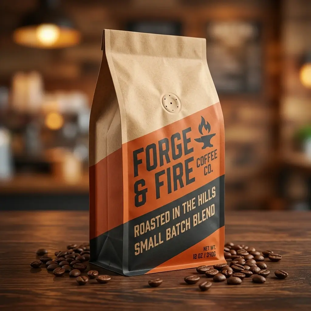 Forge & Fire Coffee Co. bag in warm cafe setting with scattered coffee beans on wooden table, orange and brown packaging design