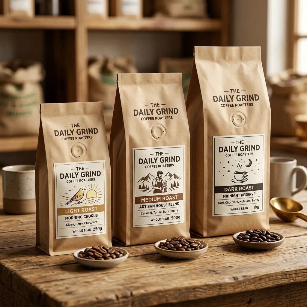 Three kraft paper coffee bags from The Daily Grind Coffee Roasters displaying light, medium, and dark roast varieties on rustic wooden table with s...