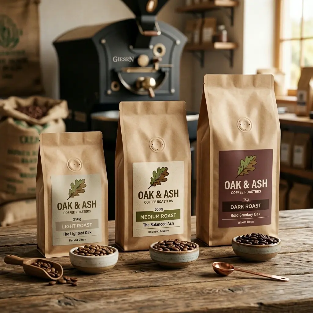 Three kraft coffee bags from Oak & Ash Coffee Roasters in light, medium, and dark roast displayed on rustic wooden table with coffee beans in bowls...