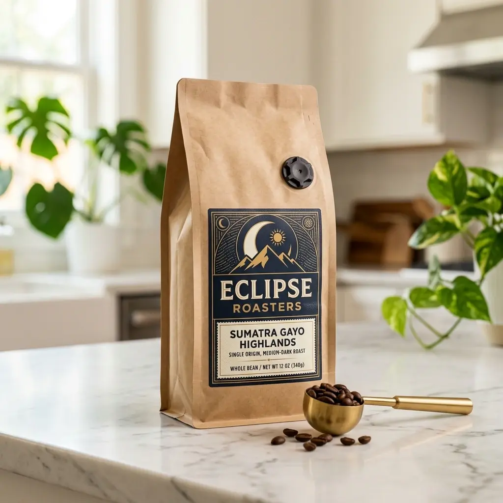Eclipse Roasters Sumatra Gayo Highlands coffee bag packaging on white marble counter with golden spoon and coffee beans in bright kitchen