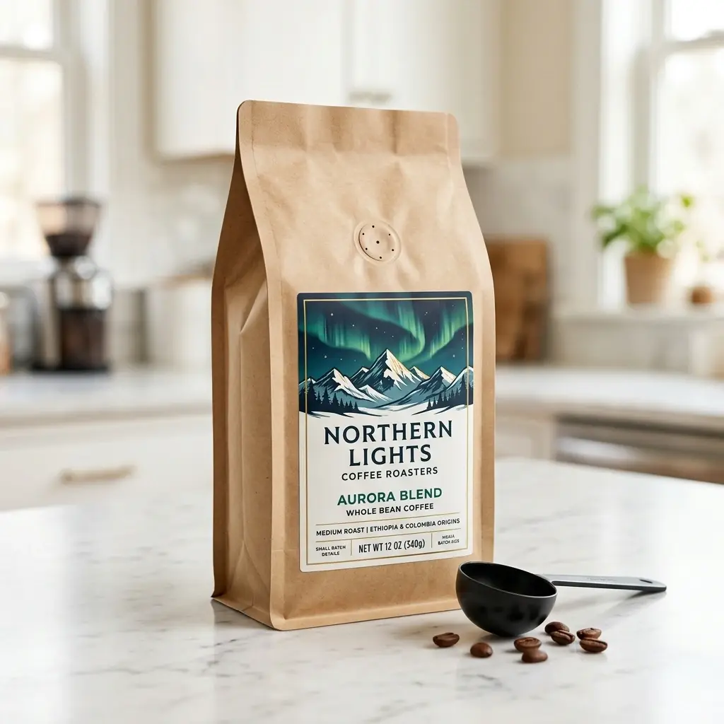 Northern Lights Coffee Roasters Aurora Blend whole bean coffee bag on white kitchen counter with scattered coffee beans and black measuring scoop