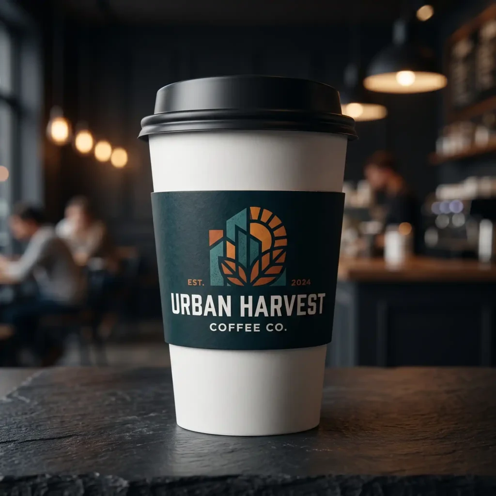 Urban Harvest Coffee Co. branded takeaway cup with dark green sleeve on wooden table in modern cafe interior with warm lighting