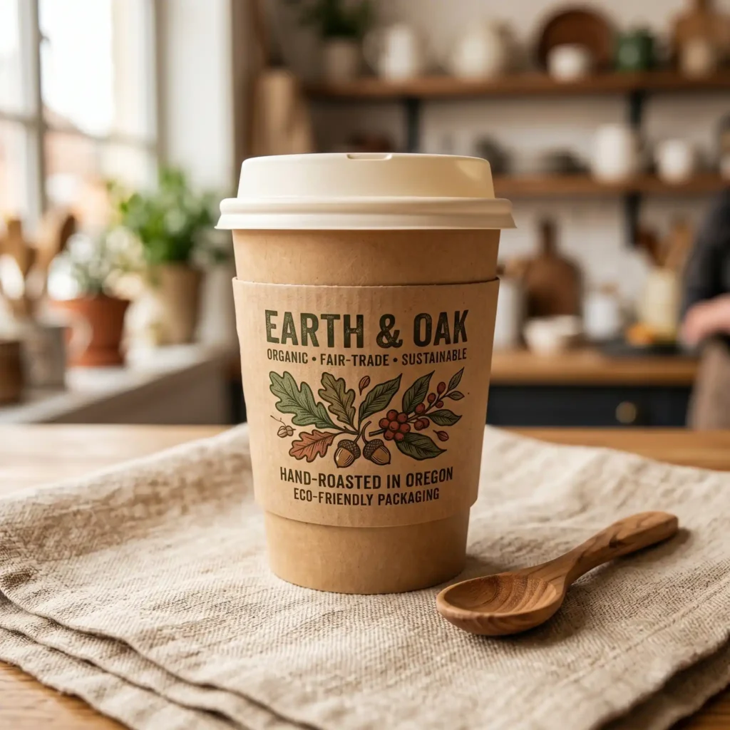 Eco-friendly kraft coffee cup with Earth & Oak branding on rustic kitchen counter showcasing sustainable packaging design