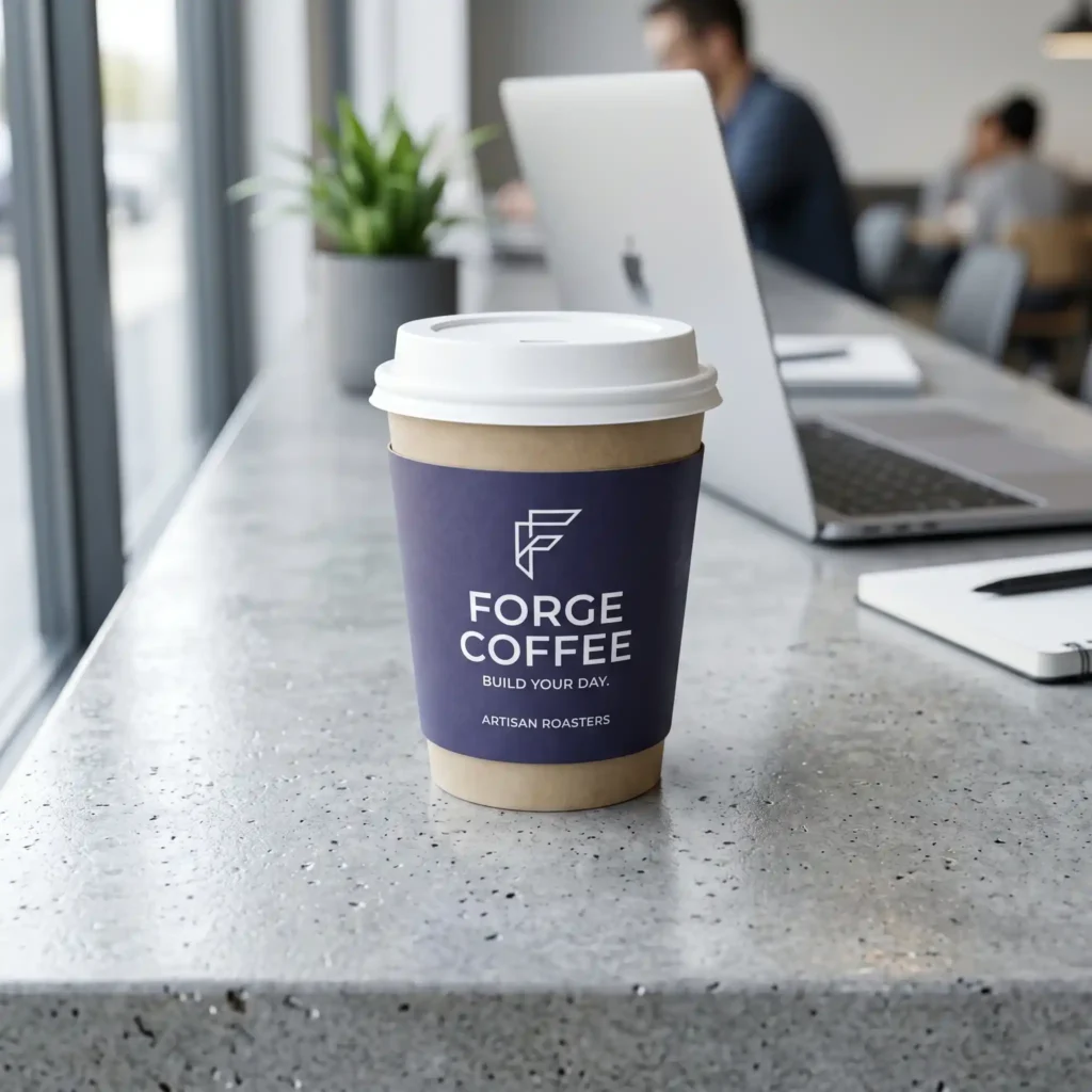 Forge Coffee branded takeaway cup with purple sleeve on granite counter in modern office workspace with laptop