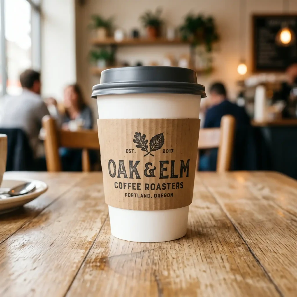 Oak & Elm coffee cup with brown kraft paper sleeve on wooden table in cozy Portland cafe with warm lighting and blurred customers