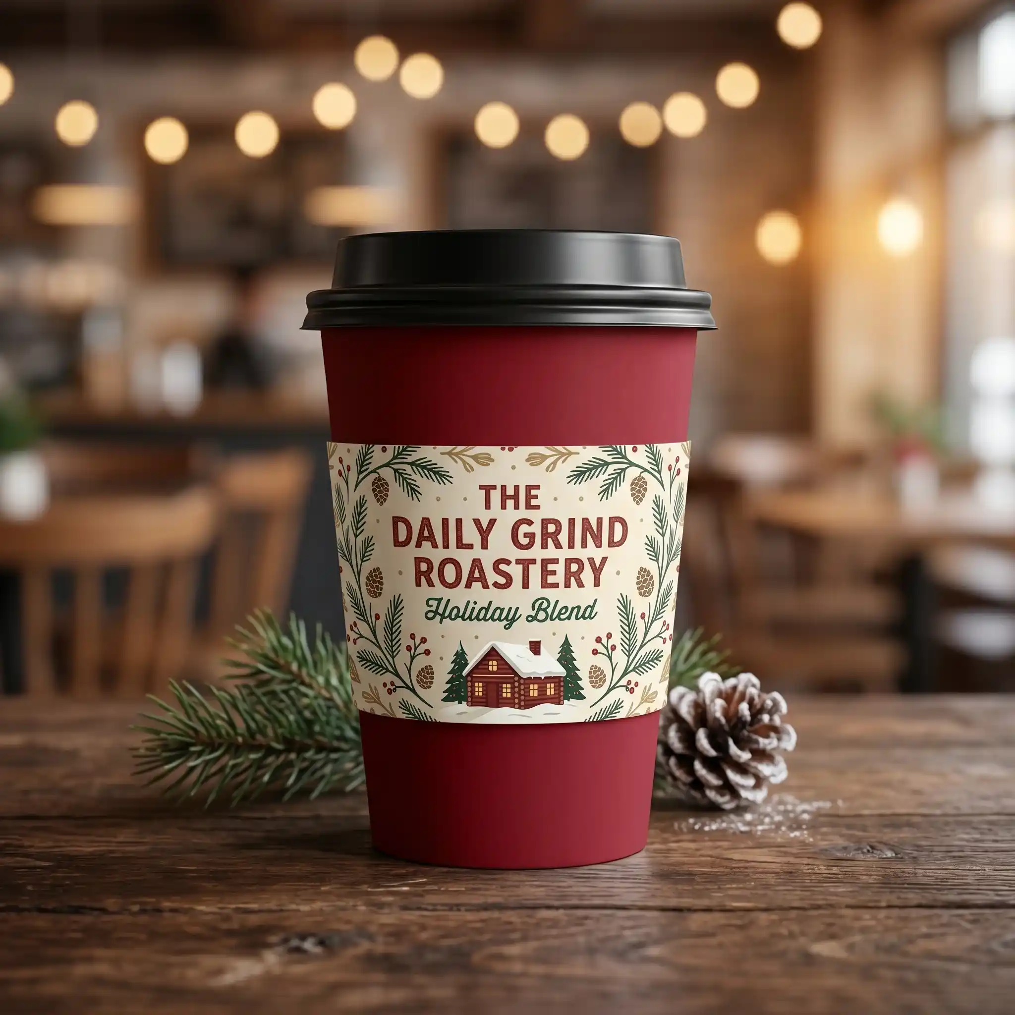 Red holiday coffee cup with custom packaging design featuring pine cones and evergreen branches on rustic wooden table in cozy cafe setting